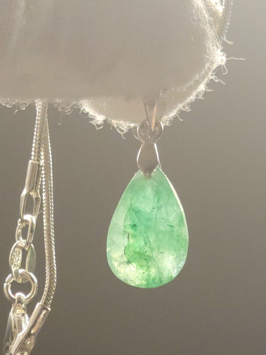 Pear Cut Emerald Pendant W Chain 925 Silver Snake Chain 16" Long