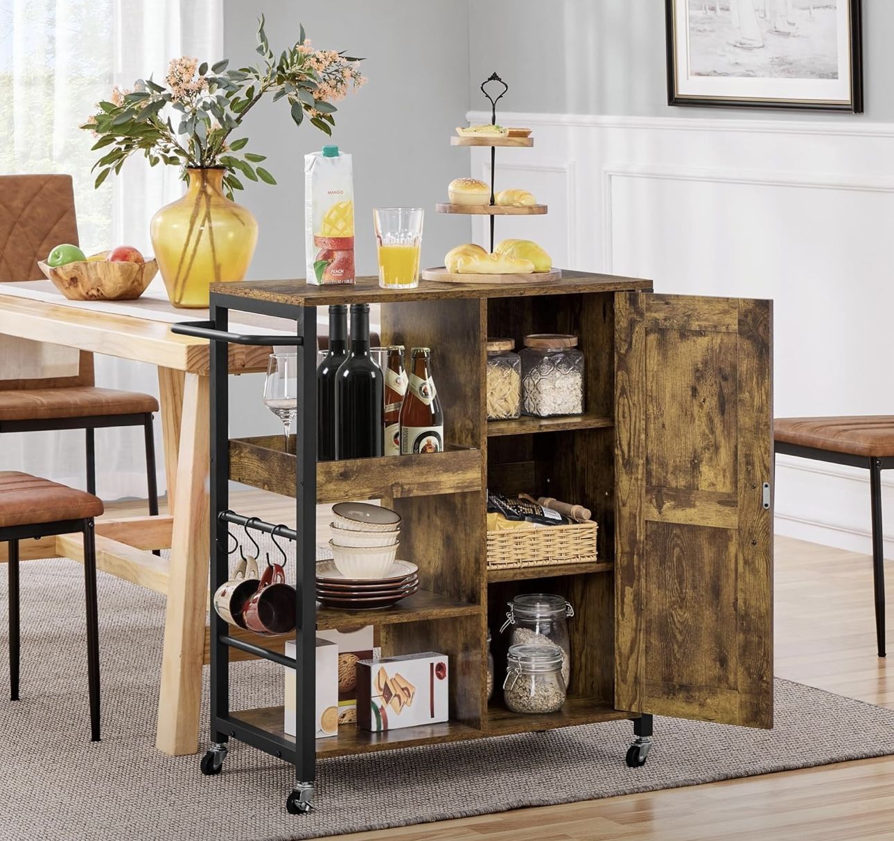 Kitchen Island Cart on Wheels, Rolling Serving Utility Trolley Cart with Storage Cabinet & Adjustable Shelves, Coffee Cart with Barn Door & S-Hooks fo