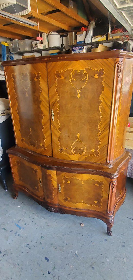 Antique  Marble Top Bar Cabinet French Inlay