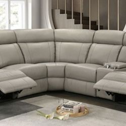 Brand New Taupe Super Leather Plush Power Reclining Sectional Sofa 