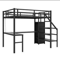 Twin XL Size Loft Bed with L-shaped Desk and USB, Metal Loft Bed with Wardrobe and Adjustable Shelf, High Loft Bed with LED for Kids Teens Adults, Bla