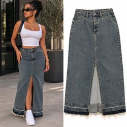 MANGO Denim Maxi Skirt Size M – Front Slit & Raw Hem