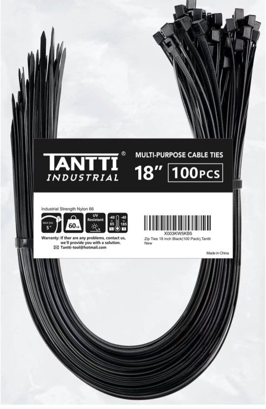 Zip Ties 18 inch (100 Pack), Black, 60lb Tensile Strength, UV Resistant Cable Ties for indoor and outdoor use, by Tantti Supply