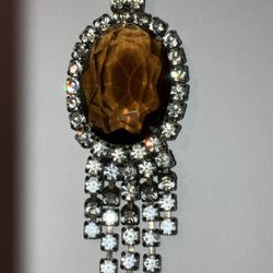 Thick Antique SMOKY QUARTZ Crystal Pendant Long Rhinestone Necklace - Vintage Hollywood Jewelry VDay