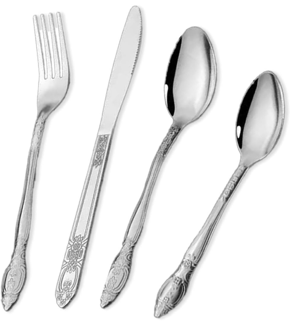 Classic Floral Embossed Stainless Steel Flatware Set for 4, 4-Piece Knife, Fork, and Spoon Set, Mirror Polished Cutlery for Dining, Elegant Utensil Se