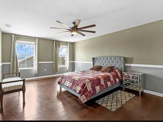 Queen bed with mattress and nightstand