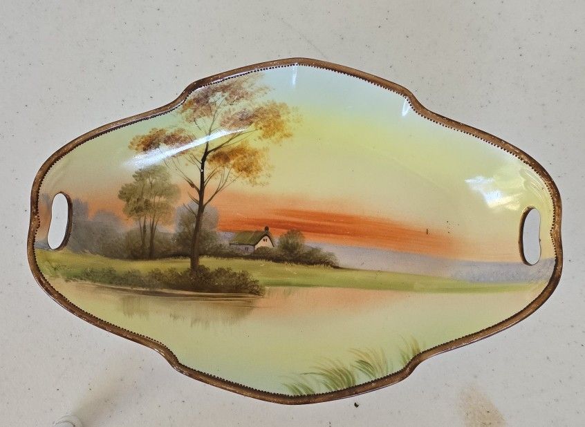 Vintage TE-OH Nippon China Hand Painted oblong sha1ped plate of house on a lake