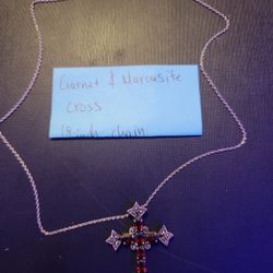 Garnet And Narcasite Cross Pendant Sterling 