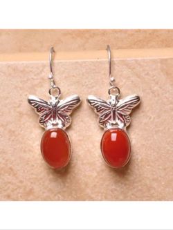 Red agate silver plated copper earrings