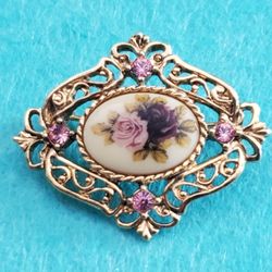 Vintage 1980's Gold Tone Metal Brooch With Painted Porcelain Roses Cabochon 