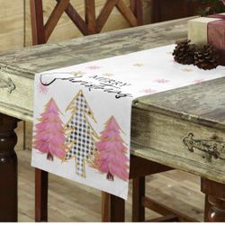 Christmas Tree Table Runner, Plaid, Cotton & Linen, 110-820 Inches Long, Seasonal Tablecloth with Pink Snowflakes, Dressing Scarves, Kitchen Dining Ta