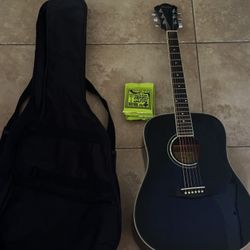 Acoustic Guitar Dreadnought Adult, Black with Carrying Case & 5 Packs of Ernie Ball ‘Regular Slinky’ Electric Guitar Strings
