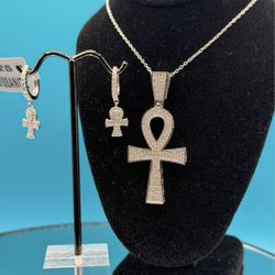 #-165 Moissanite Ankh Cross Pendant w/ Chain. & ANKH Cross Dangle Huggies Earrings SET
