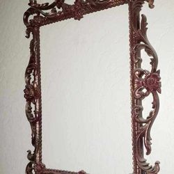 VINTAGE XL 28" SYROCCO HOMCO MCM FLORAL FLOWER ROSE GOLD WALL MIRROR PICTURE FRAME ACCENT HALL TABLE DECOR