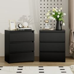 3 Drawers Nightstand Set of 2, Small Sofa Table, Wooden Storage Cabinet for Living Room, Black Finish