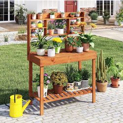 #C Potting Bench Table, 60” Wood Garden Work Bench with Storage Wooden Garden Work Workstation with Flip-Up Tabletop, Shelves & Hanging Hooks, Outdoor