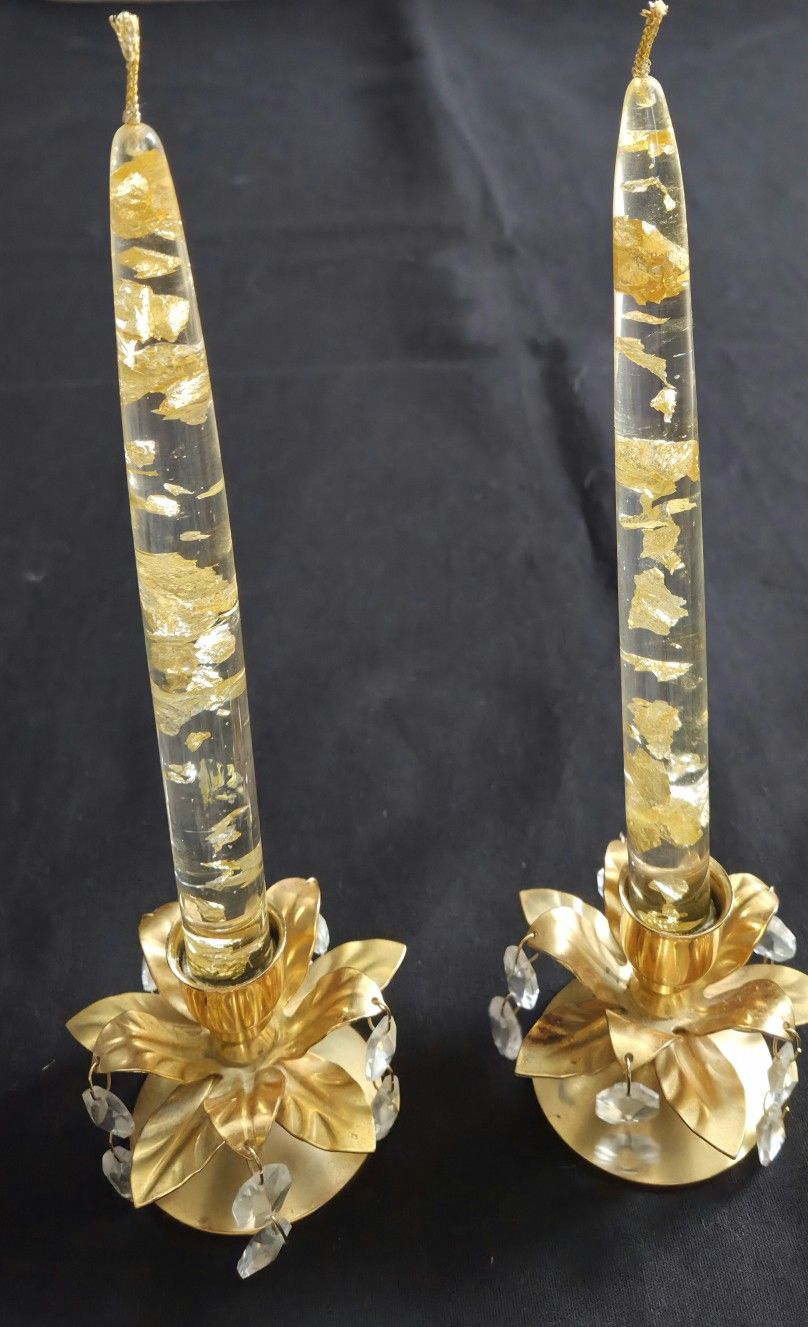 2 MCM CLEAR ACRYLIC LUCITE CANDLES GOLD FLECKS 9" & 2 GOLD METAL STANDS 3.25"