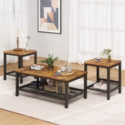 3 Pieces Coffee Table Set, Industrial Living Room Table Set with Metal Frame, Rectangular Coffee Tab