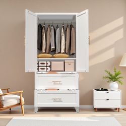 #241 71-Inch Steel Wardrobe with Adjustable Shelf - White Storage Cabinet with 2 Drawers & Hanging Rod, 31.5" W Closet Organizer for Bedroom