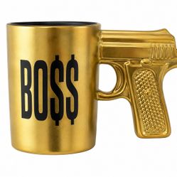 Boss Gold Gun Handle Coffee Mug | Novelty Ceramic Mug | Black Interior | EUC