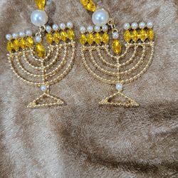 BIG 2 3/8" JEWISH HANUKKAH MENORAH FAUX PEARL, RHINESTONE DROP DANGLE EARRINGS