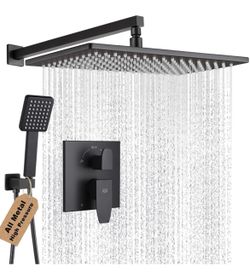 Matte Black Shower Faucet Set Rainfall 15 Inch Thickened Shower Head and Handle Set Bathroom Shower System Wall Mounted Shower Fixture Include Shower 