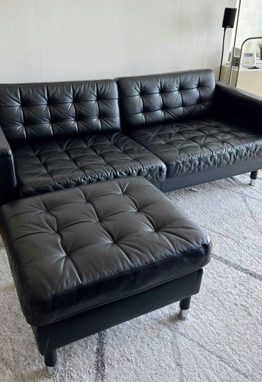 Ikea Black Leather Sofa And Ottoman "Morabo" Line Set (Retail $1.6k+)   