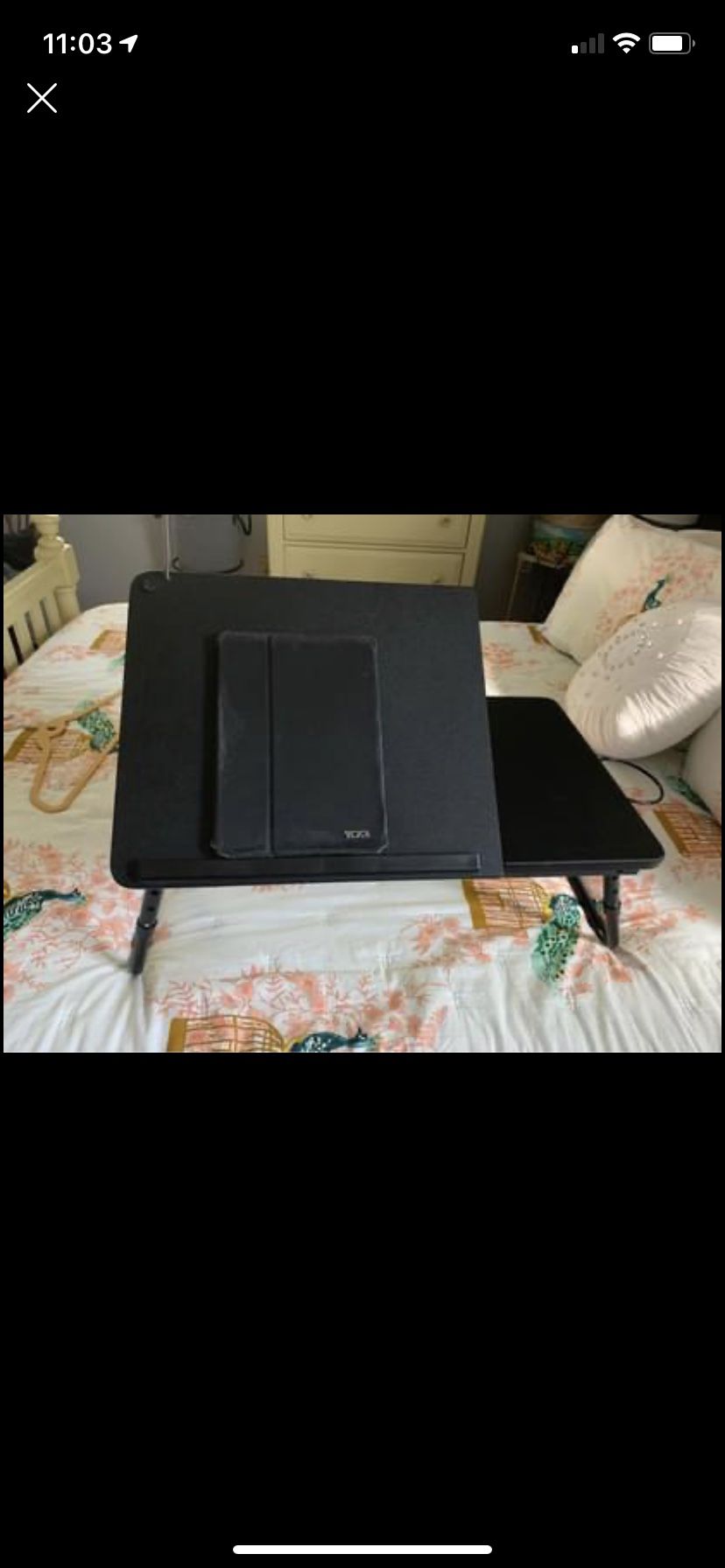 Adjustable & foldable laptop desk, bed table tray with cup holder and led light. Multiple uses: