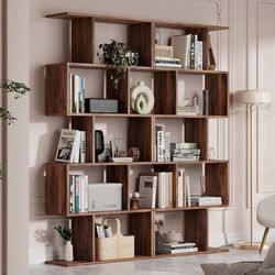 Set of 2 Geometric Bookcase, S-Shaped Modern Bookshelf, Room Divider Bookshelf, 62" Tall Unique Abstract Bookcase with 5-Tier Display Shelf for Living