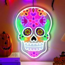 Halloween Decorations Window Skull Lights, Acrylic Neon Signs Day of the Dead Sugar Skull Lights Dia de los Muertos For Party, Bedroom Wall Decor, Hom