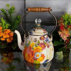 Mackenzie Childs Tea Coffee Kettle Teapot Flower Market Retired 2 Qt *READ RUST*