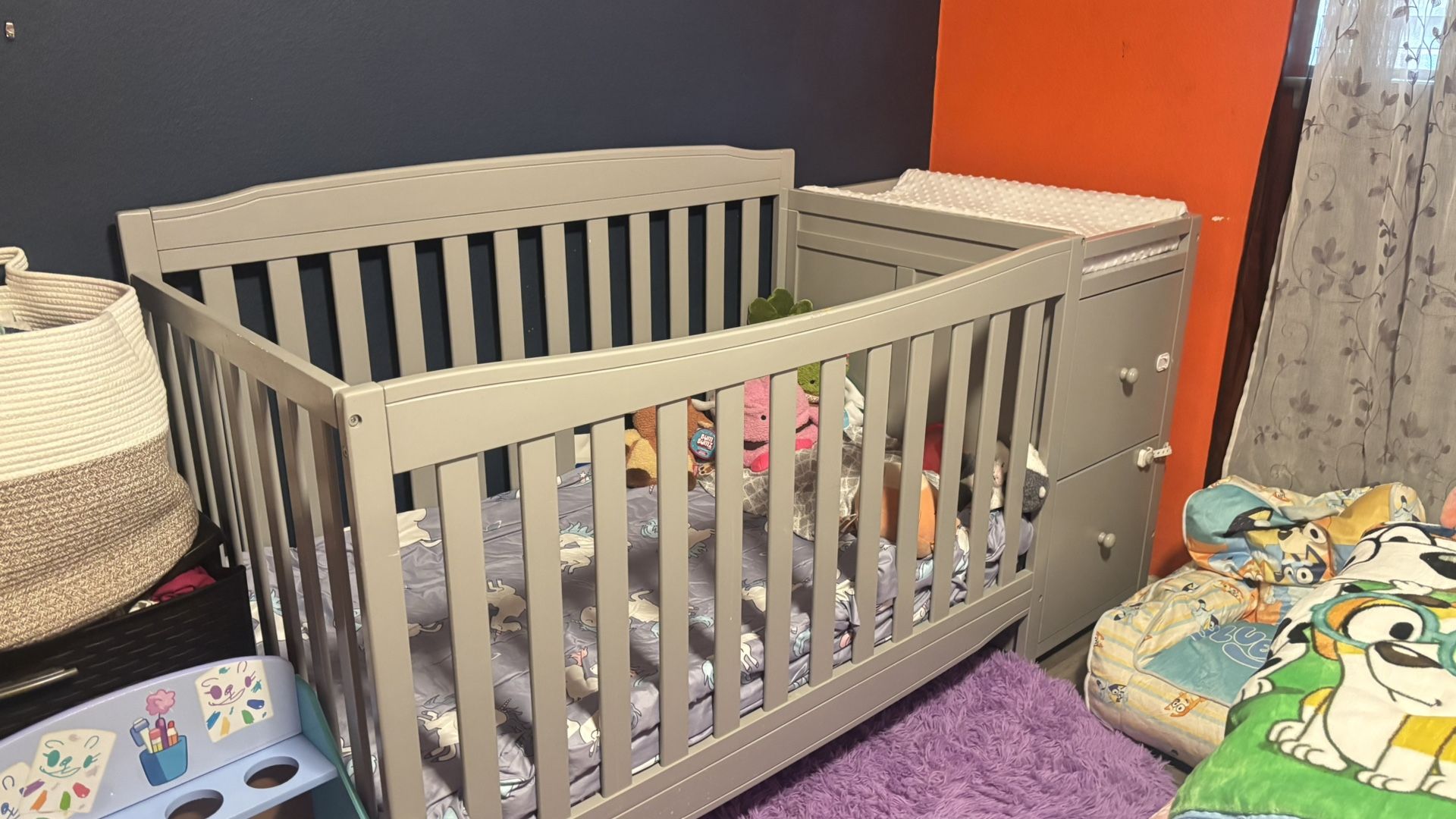Gray Crib With Changing Table And Two Drawers