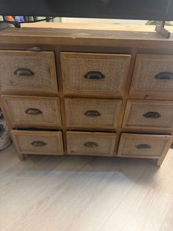 Wood and Rattan 9-Drawer Storage Cabinet