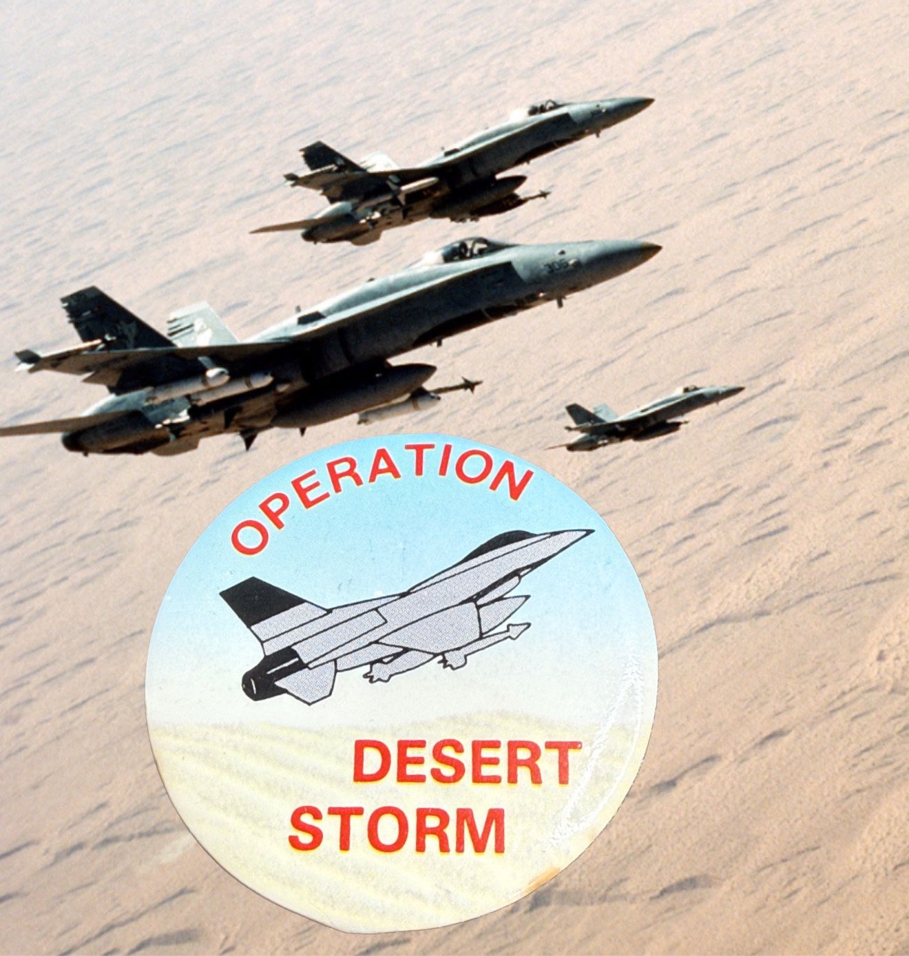 Vintage 1990s Operation Desert Storm Button Pin Jet Graphic, 1.75”