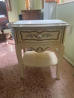 Vintage French Provincial Style Cream Painted Nightstand with Floral Motif