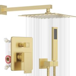ESNBIA Gold Shower Head, Rainfall Shower System with12 Inches Rain Shower Head, All Metal Shower Faucet Set with Shower Valve, Wall Mounted Shower Fi