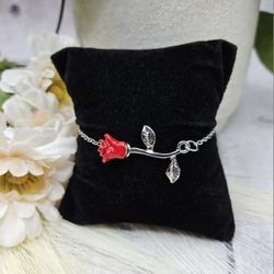 Red rose charm silver bracelet Valentine's