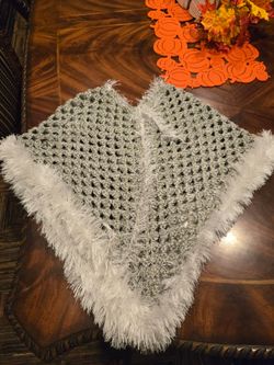Handmade Crochet Childs Poncho with Fur Trim