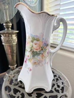 Vintage Floral Porcelain Pitcher Cottage Shabby Chic Roses Gold Trim Vase