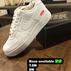 Air Force 1 Supreme White Sizes 7.5M, 8M, 9.5M, & 11M
