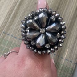 Statement Ring Silver Beads Shiny Adjustable Sz 7 8 Medallion 2" Across