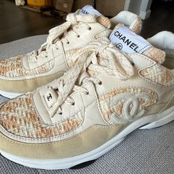 CHANEL Tweed Suede Calfskin Womens CC Sneakers Orange