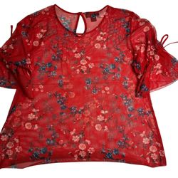 Red Floral Mesh Sheer Blouse Women’s Size Large Short Sleeve Top - by Attention