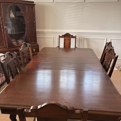 1 of a Kind 1920s Jacobean Dining Room Set: Table, Chairs, Buffet, China Cabinet