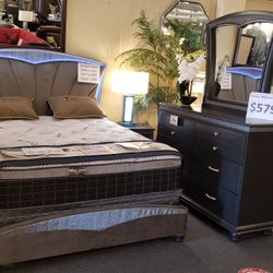 Brand New Gray LED Queen Bedframe + Dresser + Mirror + Nightstand 4PCs Bedroom Set