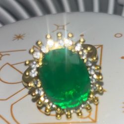Gold Plated Ring With Big Green Emerald Crystal Accents