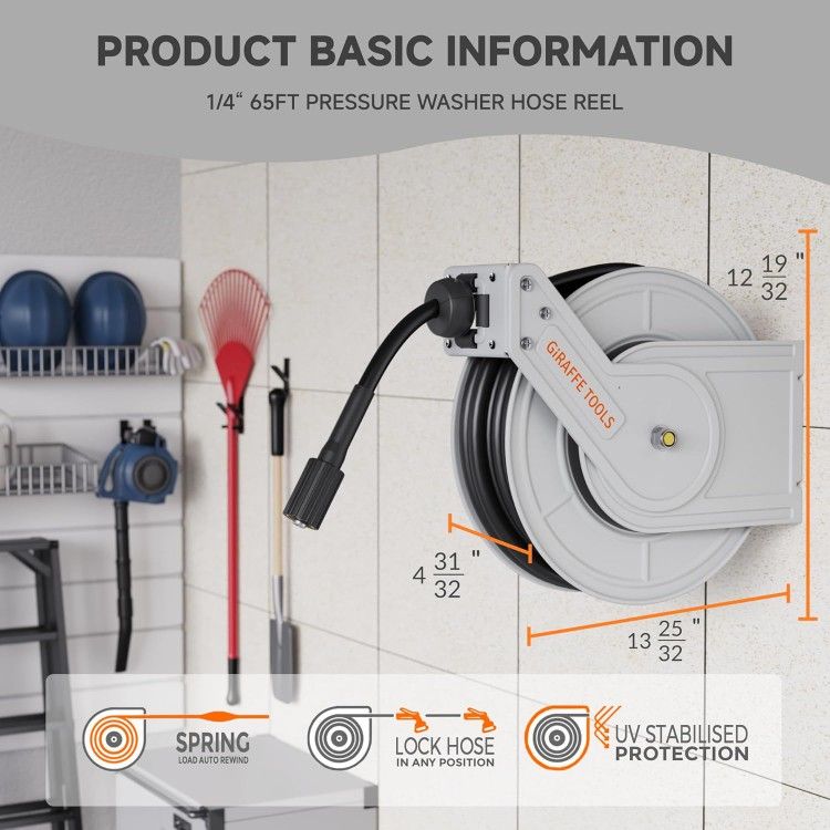 Giraffe Tools High Pressure Washer Hose Reel 65ft, Heavy Duty Steel Power Washer Reel with 1/4" Replaceable Hose, 3200 PSI