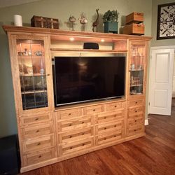 Solid Oak Entertainment Center With 4k TV