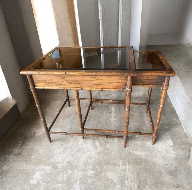 1970s vintage faux bamboo nesting tabes with Smokey glass tops