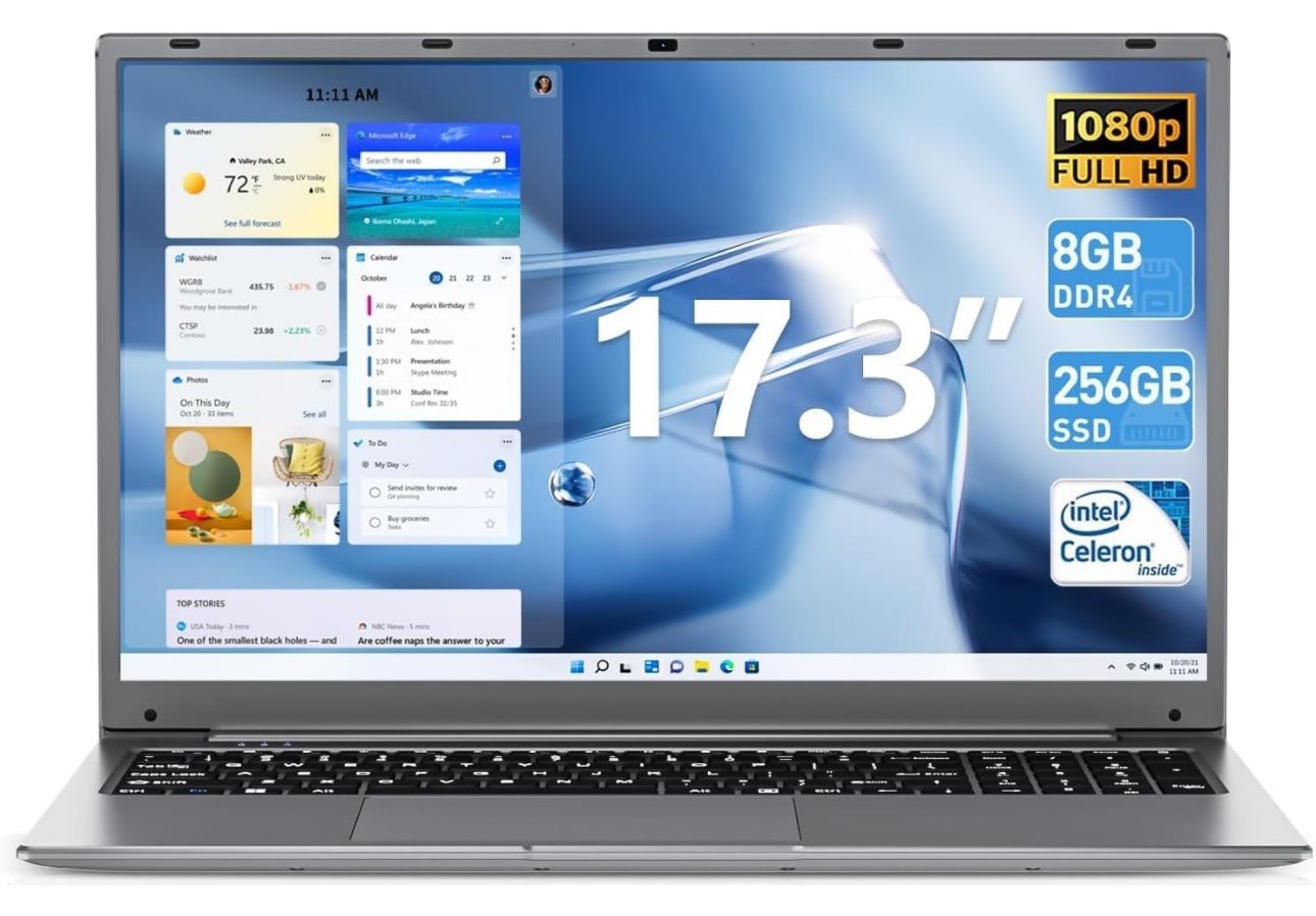 SGIN 17.3 Inch Laptop, with IPS Full HD Display 8GB RAM 256GB SSD Notebook, Celeron Quad-core Processor, Dual-Brand Wi-Fi, Expandable Storage 512GB TF
